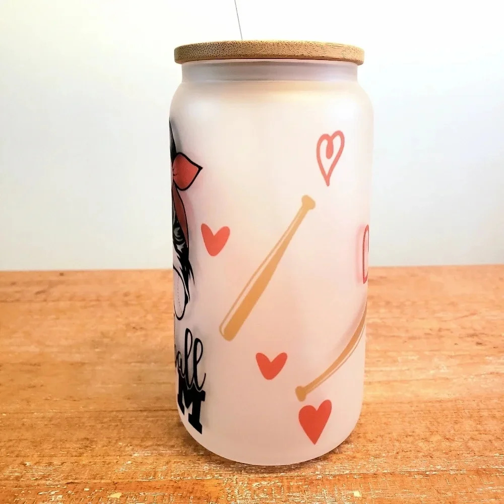 Baseball mom frosted glass cup includes lid and plastic straw - Picture 2 of 4